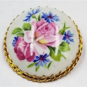 Vintage White Domed Porcelain Floral Roses Brooch Limoges France